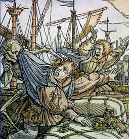 «Купец» («The Merchant»). Цветная гравюра на дереве Ганса Гольбейна Младшего (1497 - умер от чумы в 1543) из цикла «Пляска смерти» («The Dance of Death», 1538; The Granger Collection, New York).